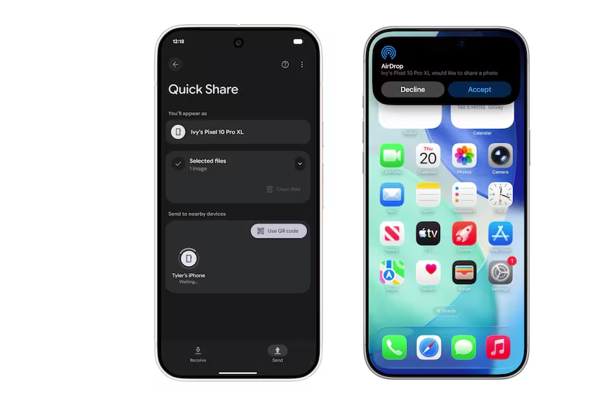 Android y iPhone permiten por primera vez compartir archivos entre sí, gracias a la compatibilidad de Android Quick Share con AirDrop, iniciando con los dispositivos Pixel 10.
